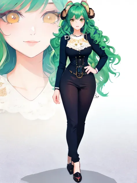 ((live 2D))  masterpiece, 1girl, full body, stands straight, steampunk clothes, military clothing, looking at viewer, detailed face, girl with green wavy hair, bangs, metal sheep horns, gradient hair, multicolored hair, light green hair, turquoise hair tip...