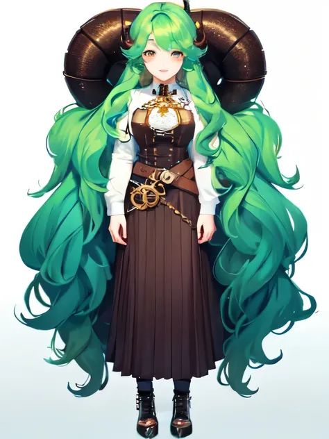 ((live 2D))  masterpiece, 1girl, full body, stands straight, steampunk clothes, military clothing, looking at viewer, detailed face, girl with green wavy hair, bangs, metal sheep horns, gradient hair, multicolored hair, light green hair, turquoise hair tip...