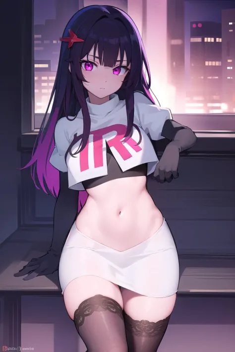 honkaisparkle, black hair, colored inner hair, glasses, hair intakes, hair ornament, hairclip, long hair, multicolored hair, (pink eyes:1.3), purple hair, straight hair, 
BREAK team rocket,team rocket uniform,white skirt,red letter R,crop top,black thigh-h...