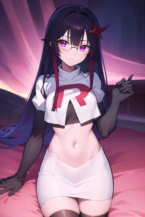 honkaisparkle, black hair, colored inner hair, glasses, hair intakes, hair ornament, hairclip, long hair, multicolored hair, (pink eyes:1.3), purple hair, straight hair, 
BREAK team rocket,team rocket uniform,white skirt,red letter R,crop top,black thigh-h...