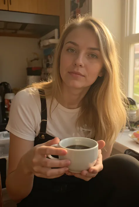   Selfie of a 30-year-old slim woman with long blond hair and grey-blue eyes,   sitting in the kitchen holding a cup of coffee  .   She is wearing black leggings and a white T-shirt  .   the photo was taken slightly from above in front of her face  , Sunse...