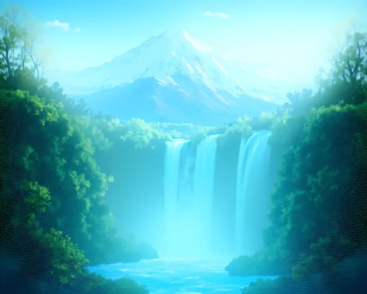  Beautiful natural landscape with a mountain, a river that ends in a waterfall  