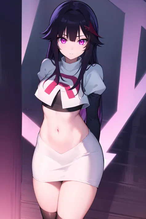 honkaisparkle, black hair, colored inner hair, glasses, hair intakes, hair ornament, hairclip, long hair, multicolored hair, (pink eyes:1.3), purple hair, straight hair,
BREAK team rocket,team rocket uniform,white skirt,red letter R,crop top,black thigh-hi...
