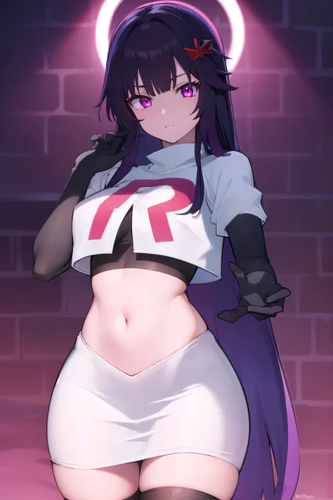 honkaisparkle, black hair, colored inner hair, glasses, hair intakes, hair ornament, hairclip, long hair, multicolored hair, (pink eyes:1.3), purple hair, straight hair,
BREAK team rocket,team rocket uniform,white skirt,red letter R,crop top,black thigh-hi...