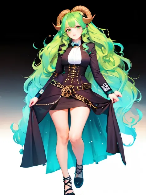 ((live 2D))  masterpiece, 1girl, full body, stands straight, steampunk clothes, military clothing, looking at viewer, detailed face, girl with green wavy hair, bangs, metal sheep horns, gradient hair, multicolored hair, light green hair, turquoise hair tip...