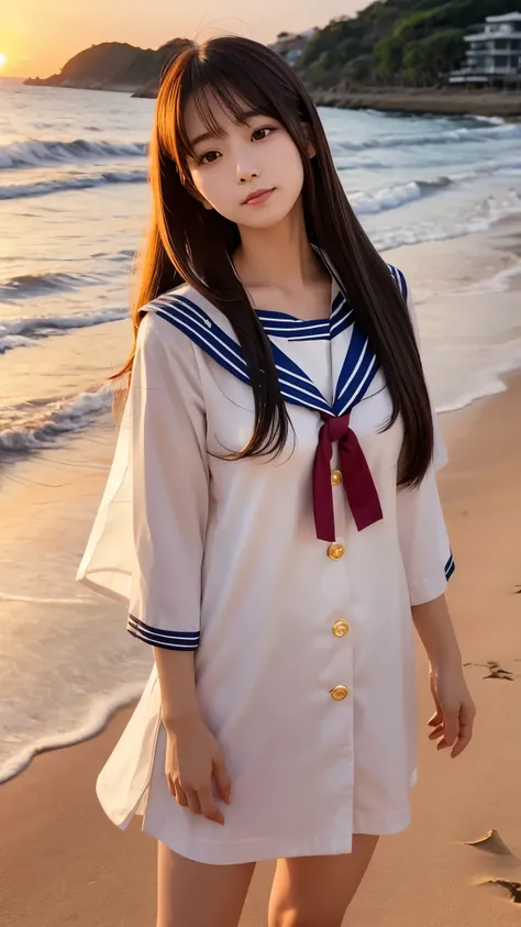 Idol-like Japanese women ,Long Hair ,Straight hair, Round face ,Bust Up , Sailor suit , As shown in the picture , Golden sand beach at sunset