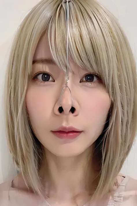  blondes, silver hair color ,Close up of a Japanese woman,Symmetrical face,  beautiful japanese woman,She is very, Expressive. She is looking up at the ceiling.,   if ,Nostril close-up,   beauty ,   camera looking up at her   , She is very face,   embarras...