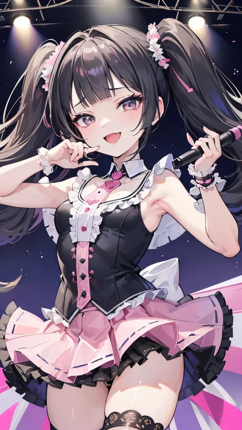 ((masterpiece、 top quality 、 very detailed))、 One Girl 、 black hair、twintails、blunt bangs、 gray eyes、evil smile、((open mouth))、(( small breasts))、((idol clothes))、 sleeveless、((pink frill skirt))、((thighhighs))、(( microphone))、 cowboy shot、 spotlight 、 sta...