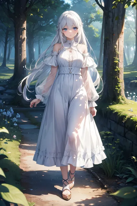 Animer girl perfect most beautiful long white hair blue eyes, white eyelashes, farm girl apothecaru, medieval fantasy world, living in the forest, walking in the mountais to collect ervs, feeling the wind in the hair, white skin, most beautiful, poporcelai...