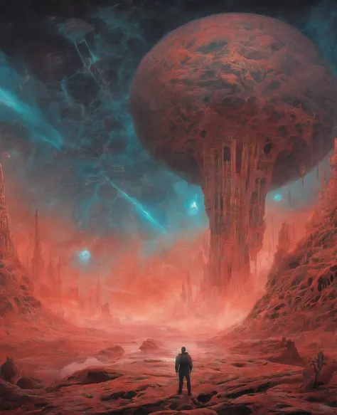 Mythological creatures, By Zdzislaw Beksinski and Van Gogh, album cover art, Rome,  surrealism , futuristic ,Satan, coral, dry, abstract, Dark, red, Inferno, Landscape, nightmares, fear, cruelty, ANGUISH, calamity, Shadows, monsters
