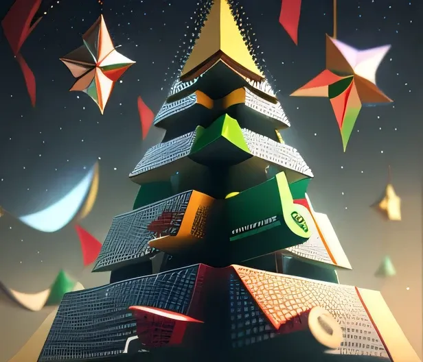 Christmas greeting card with a manawan futuristic concept with a whole Christmas tree 