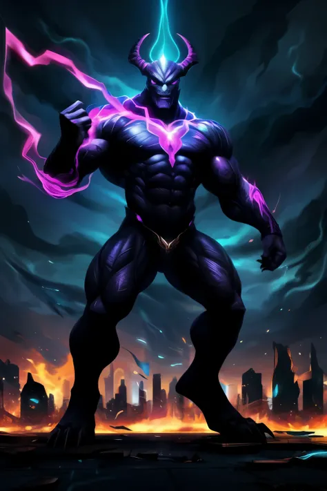 in full height, (solo person), (creature), super powerfull, muscular physique, calm person, (dark magic outline), strong aura, (dark aura), humanoid, (dynamic pose), (dark monster), (dark), less colorfull, (destroyed city background)