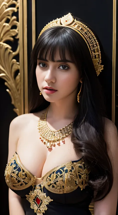 Best quality masterpiece full body photograph of sexy Babylonian girl wearing ancient Babylonian body jewelry, unclothed, disrobed, stripped, huge breasts, ornate Babylonian headdress, earrings, black hair, fringe cut bangs, jewelry necklace, detailed skin...