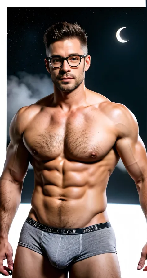 Handsome uncle ,American Man、Around the age of 40、Wear glasses,Very handsome、Abdominal muscles、  Chest muscles  、CK underwear or underwear、Body hair、 full-body photo ，external，moon and stars