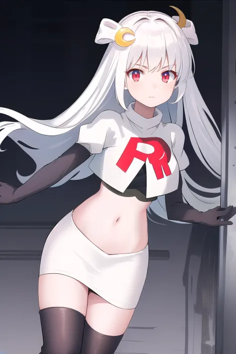 masterpiece, best quality, highres, 1girl, dia viekone, white hair, crescent hair ornament, team rocket,team rocket uniform,white skirt,red letter R,crop top,black thigh-highs,black elbow gloves, cowboy shot