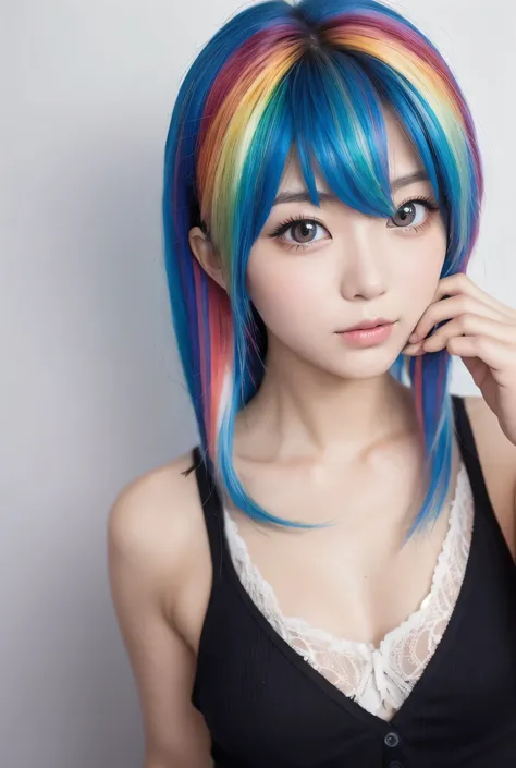  A Japanese woman identical to Rainbow Dash from My Little Pony.  Dont forget her blue hair with rainbow highlights , She is very close to the camera and has very big and beautiful eyes.