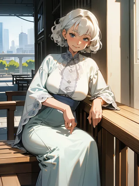 (Alone),sitting,80years old,grand mother,wrinkle:1.2 old woman:1.2,(wrinkle face:1.3),curly wavy pixiecut,Elegant grandmothers clothes,The face of an adult woman,((elder)), Long Skirt ,Downtown scenery,(manga style),(sketch),(illustration),