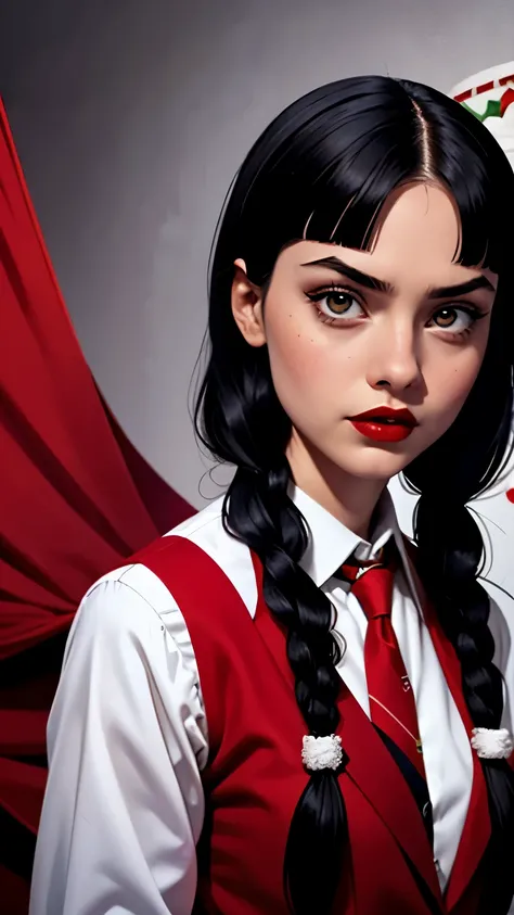 solo, 1girl, Wednesday Addams as Santa Claus, 21 years old, collared shirt, Christmas themed, latina, necktie, shirt, black hair, wing collar, looking at viewer, formal, white shirt, lips, twin braids, bangs, suit, Christmas background, red lips, Santa jac...