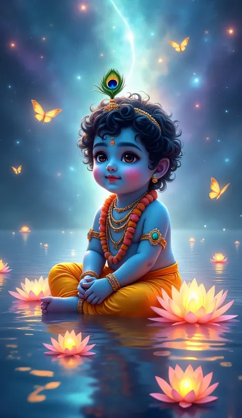 "A highly detailed and vibrant illustration of Baby Krishna sitting gracefully on a glowing, mystical water surface that mirrors the surrounding brilliance. The water ripples gently with shimmering light reflections, casting radiant patterns around him. Ba...