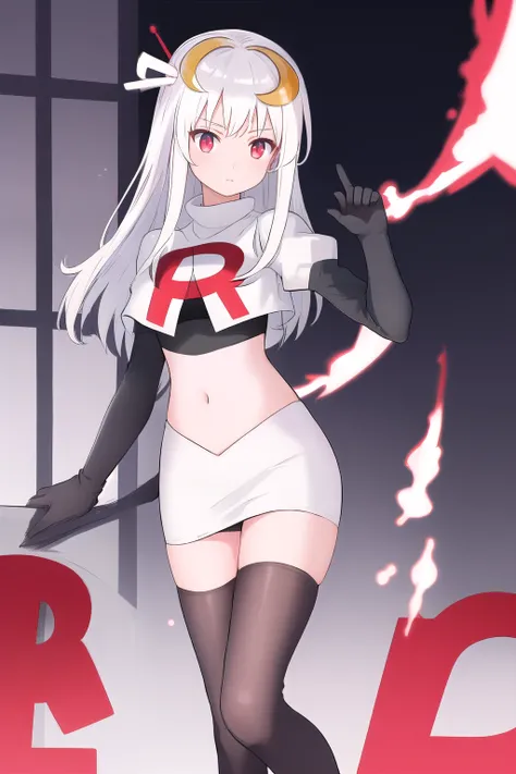 masterpiece, best quality, highres, 1girl, dia viekone, white hair, crescent hair ornament, team rocket,team rocket uniform,white skirt,red letter R,crop top,black thigh-highs,black elbow gloves, cowboy shot