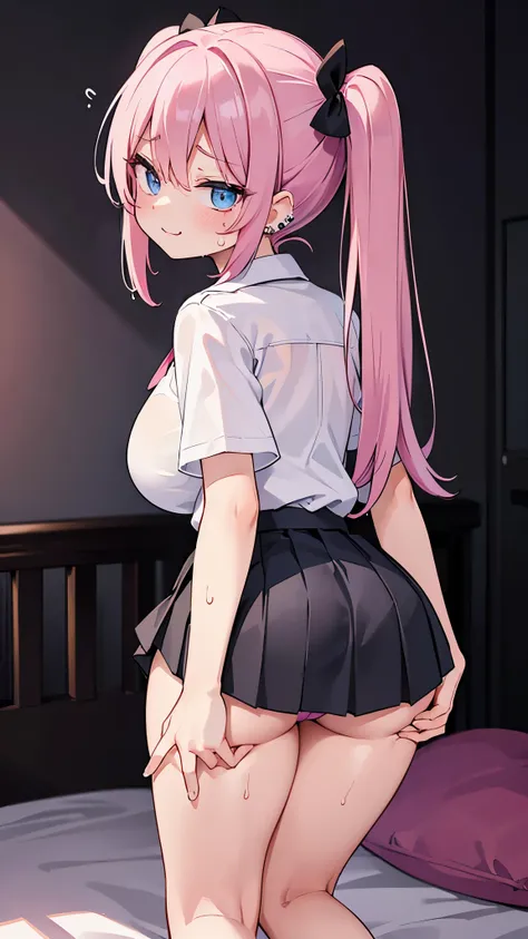 ((masterpiece、 top quality 、 super detailed )、 1 girl、 pink hair、twintails、 light blue eyes、evil smile、((lots of piercings))、(( very big breasts ))、(( White collared shirt ))、Short sleeve、(( black pleated skirt ))、((Micro Miniskirt))、((pink panties))、 cowb...