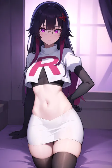 honkaisparkle, black hair, colored inner hair, glasses, hair intakes, hair ornament, hairclip, long hair, multicolored hair, (pink eyes:1.3), purple hair, straight hair,
BREAK glasses, team rocket,team rocket uniform,white skirt,red letter R,crop top,black...