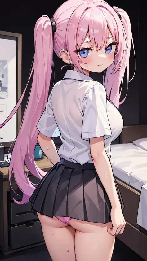 ((masterpiece、 top quality 、 super detailed )、 1 girl、 pink hair、twintails、 light blue eyes、evil smile、((lots of piercings))、(( very big breasts ))、(( White collared shirt ))、Short sleeve、(( black pleated skirt ))、((Micro Miniskirt))、((pink panties))、 cowb...