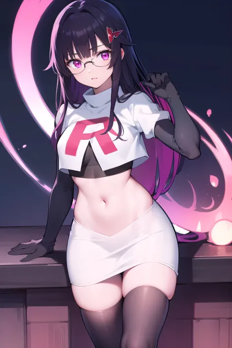 honkaisparkle, black hair, colored inner hair, glasses, hair intakes, hair ornament, hairclip, long hair, multicolored hair, (pink eyes:1.3), purple hair, straight hair,
BREAK glasses, team rocket,team rocket uniform,white skirt,red letter R,crop top,black...