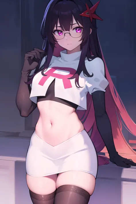 honkaisparkle, black hair, colored inner hair, glasses, hair intakes, hair ornament, hairclip, long hair, multicolored hair, (pink eyes:1.3), purple hair, straight hair,
BREAK glasses, team rocket,team rocket uniform,white skirt,red letter R,crop top,black...