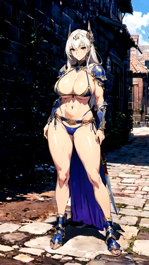 a woman in a bikini and armor poses in a fantasy town, full body, perfect face, fantasy art, bikini armor, bikini-armor, milfication, bikini armor female knight, gorgeous female paladin, a sexy warrior, ornate bikini armor, goddess, Milf, (very large breas...