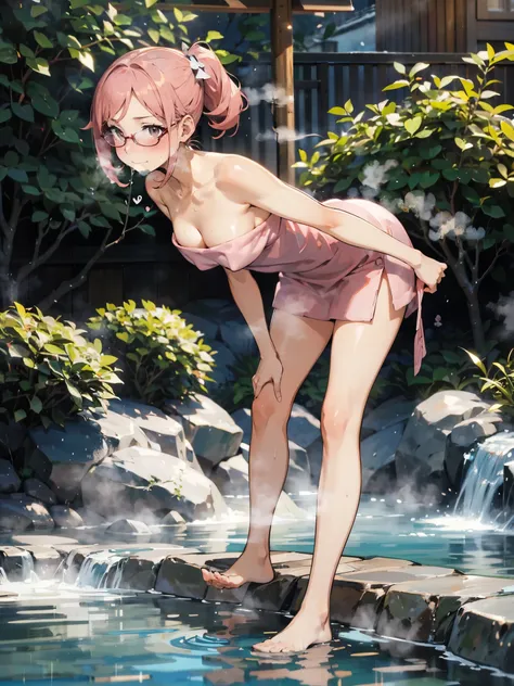 anime - style illustration of a woman in a pink bath towel:1.5, anime character, official character art, feminine, full body, female anime girl, (leaning forward Posing:1.5), (motion line:1.5), parted bangs, glasses, (tanned:1.0), looking at viewer, smile:...