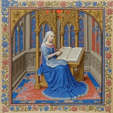 An extremely detailed hyper realistic photo depicting a page from a rich and ornate medieval illustration of a woman, likely a saint or religious scholar, seated in an elaborate Gothic-style architectural setting bathed in a rich red light from the stained...