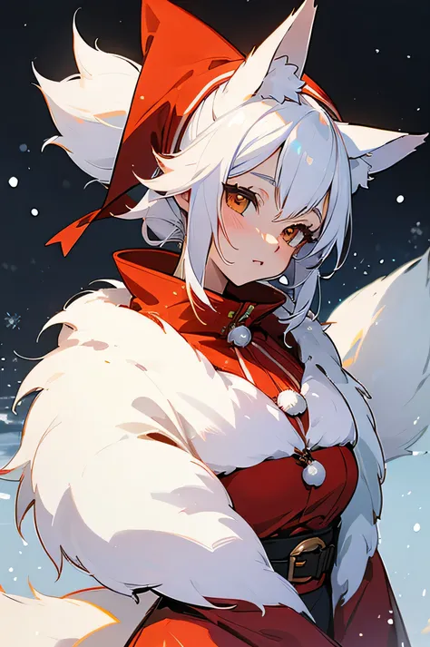 anime style, lady fox, wearing Christmas clothes,snow background