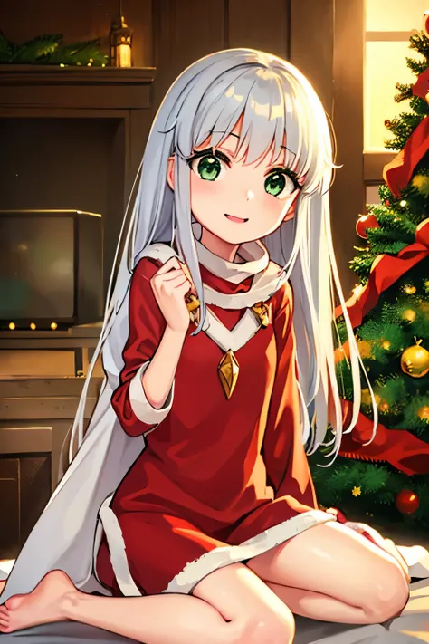 Long silver hair, green eyes, petite, santa shawl, abdomen lindo, beautiful thighs, smile, happy, inside house