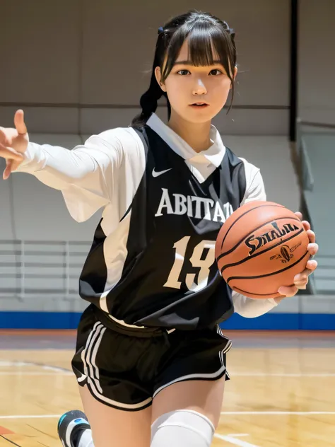 A young female basketball player executing a dynamic jump shot with precision and grace. The basketball is held firmly in both hands as she aims for the hoop, her form exuding confidence and mastery. Her slim-fit basketball uniform highlights her athletic ...
