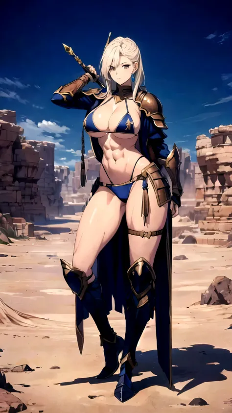 a woman in a bikini and armor poses in a desert, (full body), perfect face, fantasy art, bikini armor, bikini-armor, milfication, bikini armor female knight, gorgeous female paladin, a sexy warrior, ornate bikini armor, goddess, Milf, (very large breasts, ...