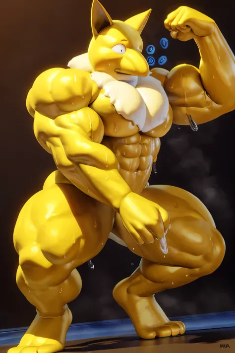 Furry, Anthro, solo, Hypno, Male, (((hyper muscular body, massive thighs, massive male pectorals, confused, head tilted, looking at viewer, dancing, kicking))), ((((fluffy white neck, massive biceps)))), ((((((confused, wide-eyed, massive bulky torso))))))...