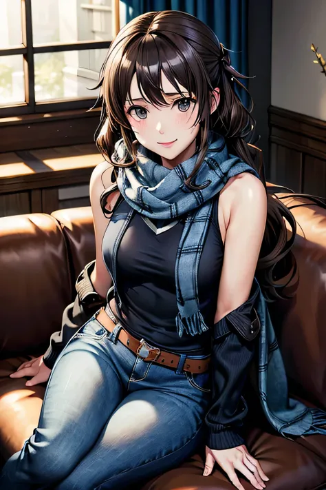 bell, anime, curly brown hair, medium breasts, black eyes, light smile, jeans, scarf, gray sweatshirt, blue pants, sitting, Cross-legged, Inside the smart home, sitting on the couch, Asada Shinos face, anime Sword Art Online, highest quality