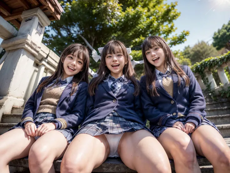 ((３ high school girls))、((Sit on the stairs)、(Outdoor))、( spread your legs)、( view from below from the front:1.6)、(( Laughter:1.5))、(( I can see my whole body :1.3))、(( thin thighs ))、( dark blue high socks )、(winter :1.5)、(  realistic  、 As shown in the p...