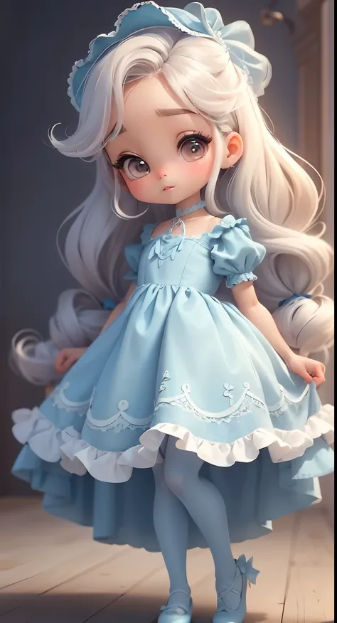 Create a series of cute baby style chibi dolls with a cute ballerina theme, each with lots of detail and in an 8K resolution. All dolls should follow the same solid background pattern and be complete in the image, mostrando o (corpo inteiro, incluindo as p...