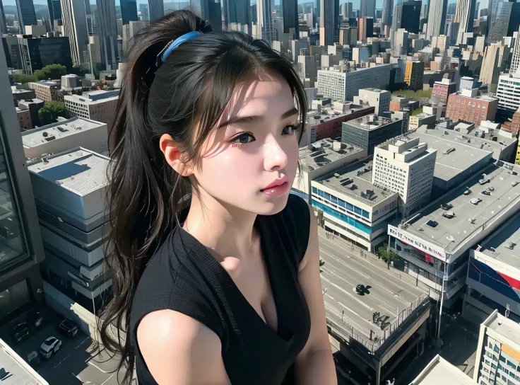 full hd, black hair, ponytail, large, large breast, nsfw, full body depiction, citymap, giantess art, a hyperrealistic, highly detailed giantess shot, super huge girl bigger than a skyscraper, very small metropolis, tiny city, micro city, micro people, tin...