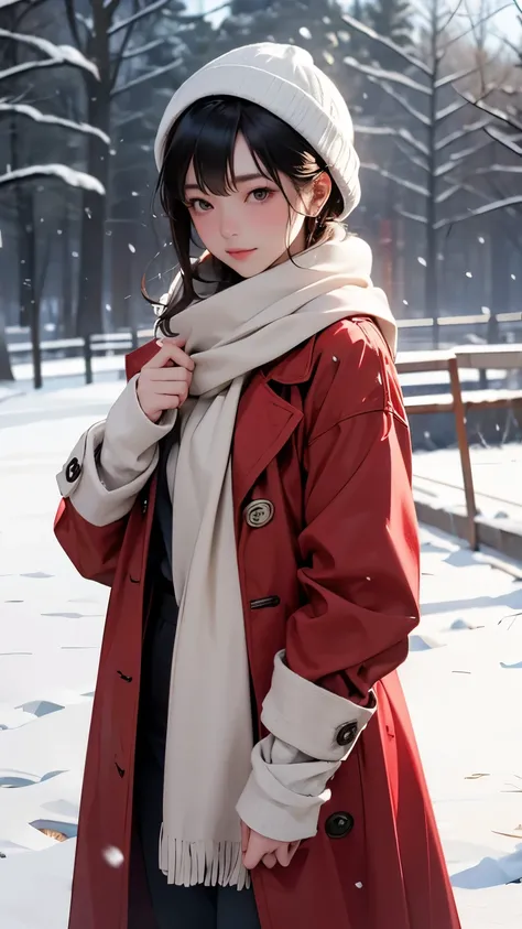  A beautiful young woman standing alone in a snowy field 、 She is wearing a red trench coat and wrapping a white scarf、 its snowing 、Cinematic scene photo 、