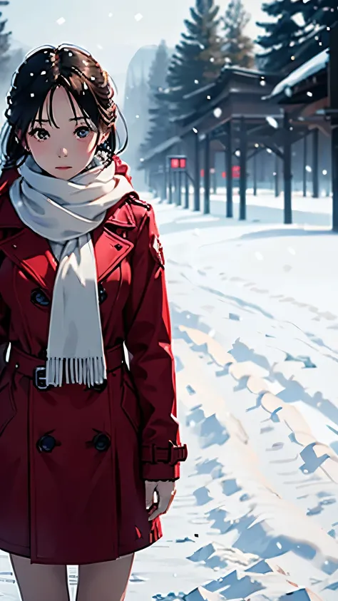  A beautiful young woman standing alone in a snowy field 、 She is wearing a red trench coat and wrapping a white scarf、 its snowing 、Cinematic scene photo 、