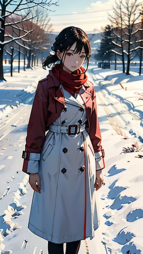  A beautiful young woman standing alone in a snowy field 、 She is wearing a red trench coat and wrapping a white scarf、 its snowing 、Cinematic scene photo 、