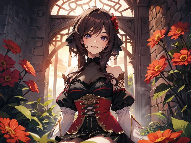 Beautiful woman wearing only her chest, a see-through top, tights and a skirt with a side slit, exposing her sides, smiling toothily, sitting sideways on the ground in a castle courtyard surrounded by a field of red flowers, with a red sky and a strong win...