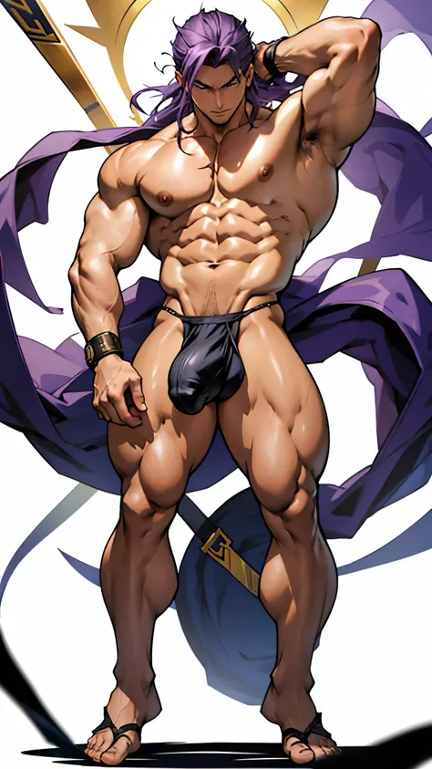  Male anime character with shapely body, super sexy tall man , long curled purple hair,  golden eyes, Handsome man in dynamic super sexy Greek statue poses,  sexy calendar poses , Big bulge,  dark skin, Man wearing panties dental floss,  big and thick cock...