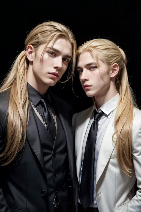 Sons of Apollo,  blondes with long hair up to their hair ,  perfect male square face , perfect almond eyes ,  both wearing elegant black dress shirts. 