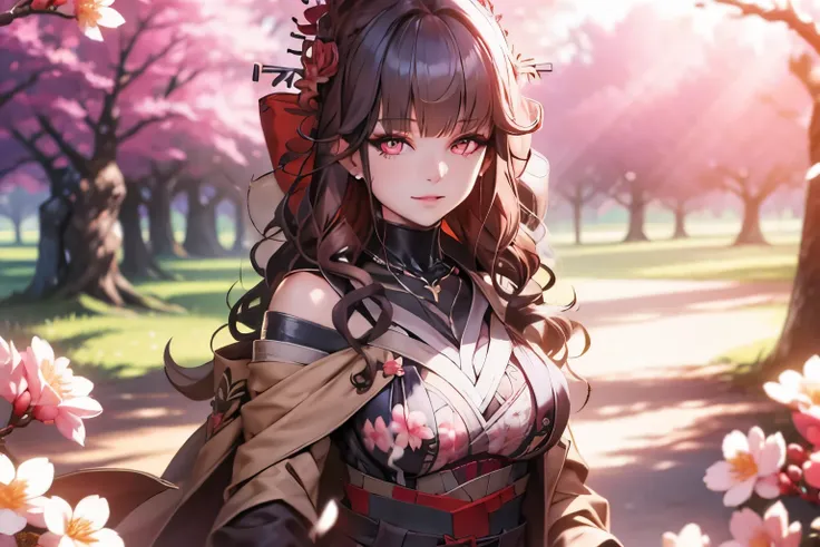 CG, unity, 8k, wallpaper, (masterpiece), (best quality),(1girl:1.3),best lighting, complex pupils, complex textile, detailed background, park, evening, sunny, upper body, from front, smiling, slender, smooth skin, crimson eyes, necklace, (cherry blossoms, ...