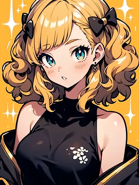 Generate images of blond Japanese girls, Curly Hair, Big Lips,  Laura, offshoulder:1.3,  she wears a black top , cosplay style, masterpiece