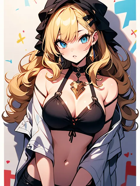 Generate images of blond Japanese girls, Curly Hair, Big Lips,  Laura, offshoulder:1.3,  she wears a black top , cosplay style, masterpiece,Mesh erotic graffite bikini clothes with exposed skin、Enchanting chest:1.3,